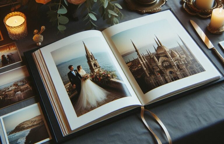 Album prestigieux de mariage réalisé par le photographe mariage Alexandre Flury avec une belle décoration romantique.